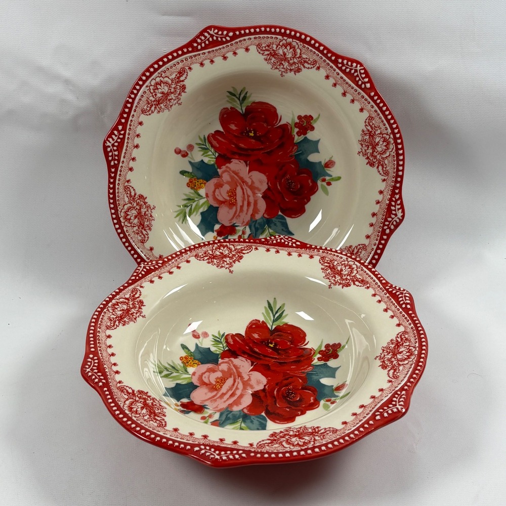 Pioneer Woman Cheerful Rose Low Rim Bowl Set of 2 Floral Red Holiday Pasta Soup